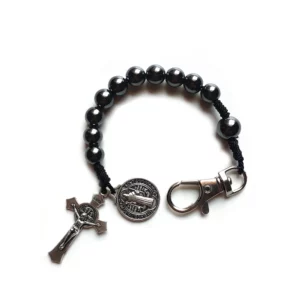 QIGO perles d'hématite poche voiture chapelet croix Saint benoît Bracelets bijoux religieux