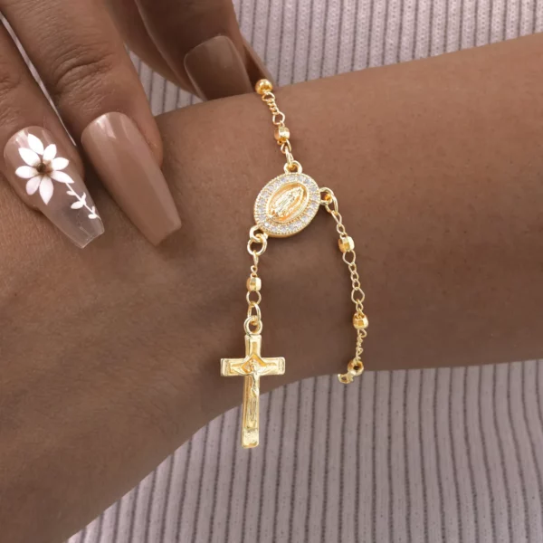 Bracelets plaqués or religieux narJésus Coss, catholique, cubique, contre-indiqué, chapelet, croix, lien perlé, bijoux – Image 5