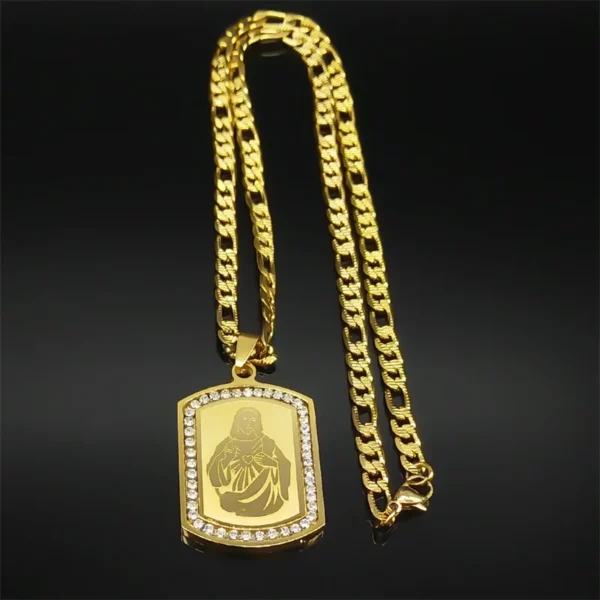 Collier pendentif coeur sacré jésus pour femmes et hommes, en acier inoxydable, strass, couleur or, amulette de foi, chaîne masculine, bijoux cadeaux – Image 12
