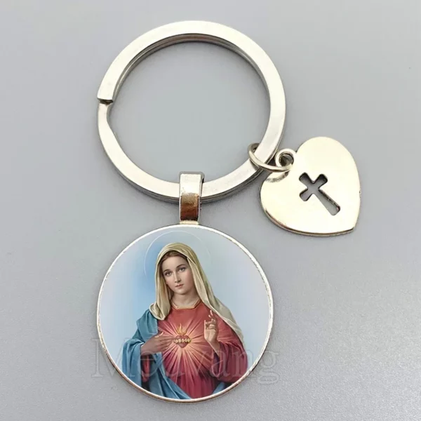 Porte-clés Jésus Sacré-Cœur Vierge Marie, porte-clés en verre breton, bijoux catholiques pour hommes et femmes, cadeaux – Image 20