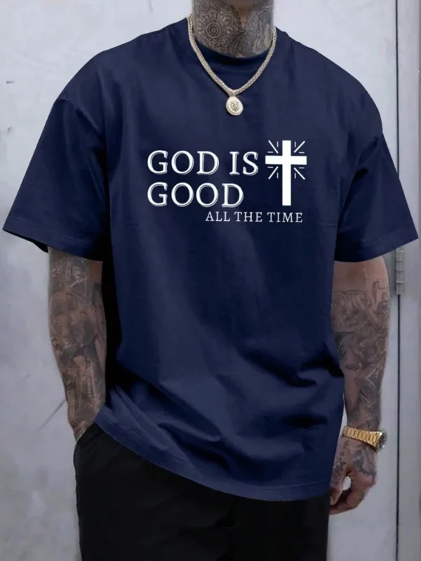 T-shirt à manches courtes imprimé religieux pour hommes, haut croisé, mode de rue décontractée, été, 03 – Image 2