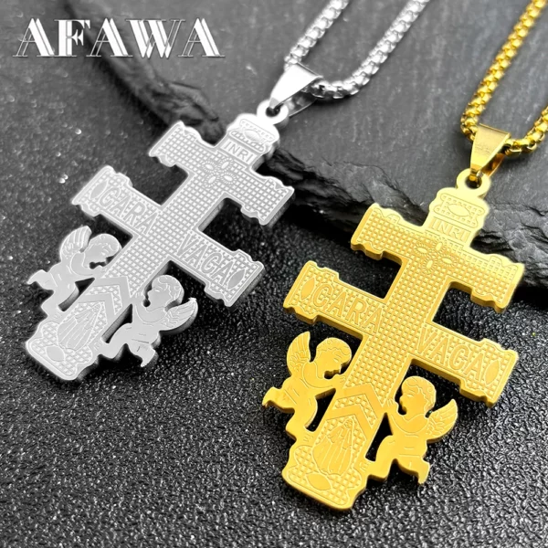 Hip Hop catholique Caravaca croix Crucifix pendentif collier pour femmes hommes en acier inoxydable ange INRI vierge marie chaîne bijoux – Image 8