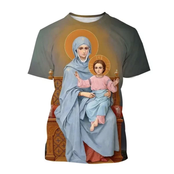 Vente chaude Vierge Marie 3D imprimé T-shirt Personnalité Christianisme Mère De Dieu Sainte Enfant T-shirts Décontracté à manches courtes T-shirt – Image 12