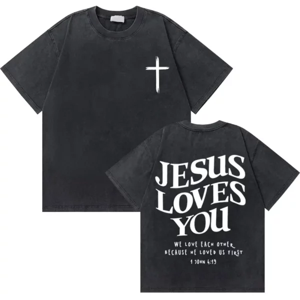 Lavé Vintage chrétien jésus bonnes nouvelles dieu vous aime verset de la Bible graphique T-shirts hommes femmes mode décontracté surdimensionné t-shirt – Image 18