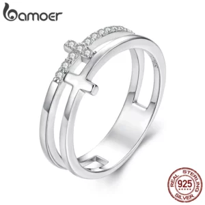 BAMOER Double Cross Ring 925 Sterling Silver Moissanite Stackable Statement Promise Rings Faith Hope Love Cross Ring for Women