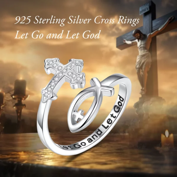 Eudora-Bague réglable en argent regardé 925 pour femme, croix de Jésus poisson, croix besters chrétienne, cadeau de bijoux Ichthus pour la colonne vertébrale – Image 5