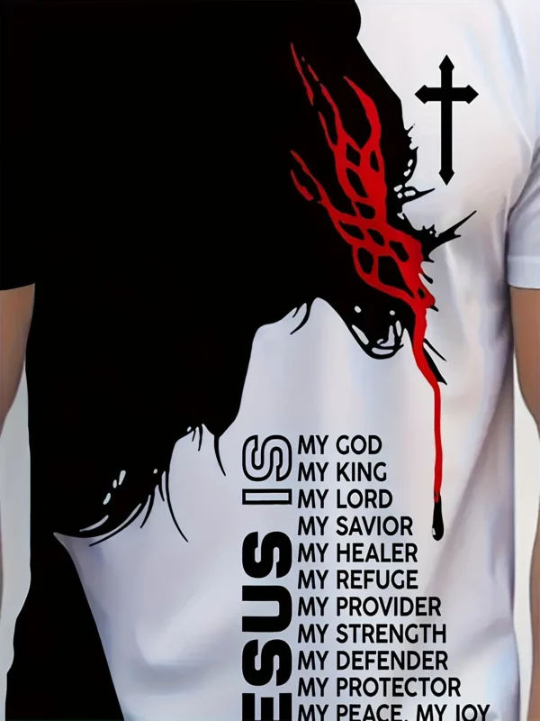 T-shirt décontracté en polyester pour homme, manches courtes, col rond, impression graphique de Jésus 3D, tissu en tricot léger commandé, 1PC – Image 3