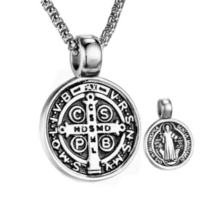 Collier Saint benoît en acier inoxydable, médaille de San Benito, pendentif spirituel de la vierge marie pour hommes et femmes