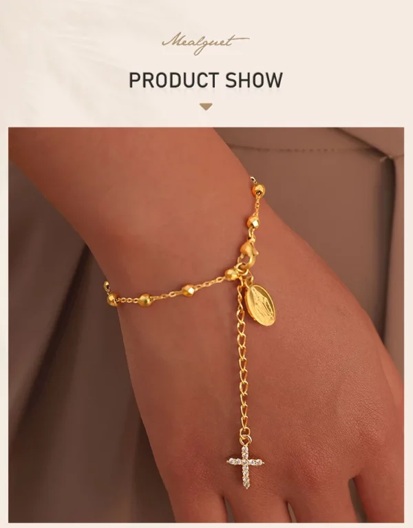 Bracelet chapelet croisé en zircone cubique pour femmes, lien réglable Mary en acier inoxydable, cadeau de bijoux religieux – Image 9
