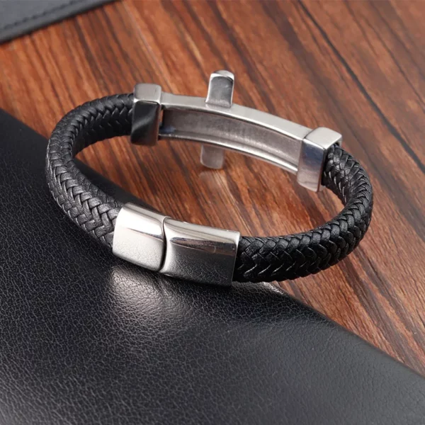 Bijoux croix Vintage en acier inoxydable, Crucifix tissé, Bracelet en cuir véritable, cadeau chrétien pour hommes – Image 5