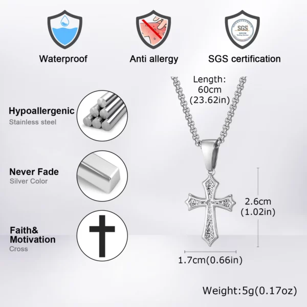 Collier pendentif croix pour hommes et femmes, colliers en acier inoxydable, colliers chics, cadeaux de bijoux classiques chrétiens, 50 cm, 55 cm, 60cm – Image 4