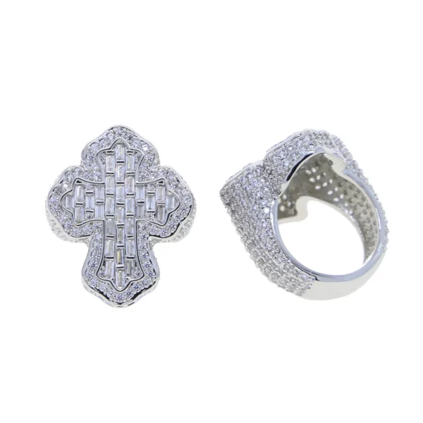 Nouveau glacé Bling CZ croix anneau plaqué or broche réglage cubique zircone grands anneaux mode Hip Hop luxe femmes hommes bijoux – Image 14