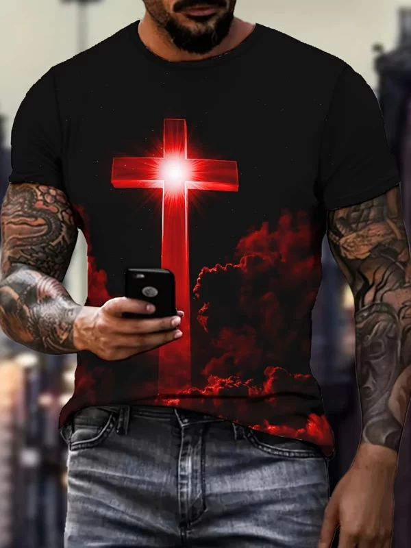 T-Shirt à Manches Courtes et Col Rond pour Homme, Vêtement de Rue, avec Impression Croisée, Graphique de Jésus, Grande Taille, Été – Image 9