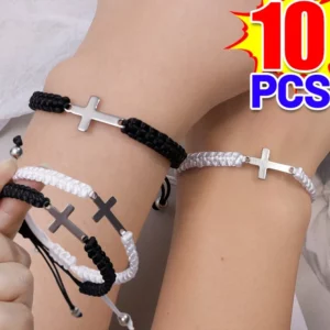 Bracelets croisés Vintage, corde à tricoter faite à la main, tendance, noir et blanc, pour femmes et hommes, Couple, breloques chrétiennes, bijoux porte-bonheur