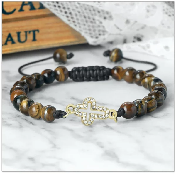 Bracelet tressé réglable en pierre naturelle de 6 mm avec pendentif croix creuse, symboles de l'harmonie spirituelle et des fées sacrées, cadeaux de yoga – Image 25