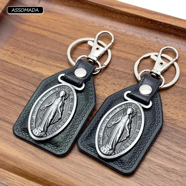 Porte-clés Mary en métal pour hommes et femmes, ornement cadeau en cuir PU, Religion chrétienne, vierge marie, outils de voiture – Image 2
