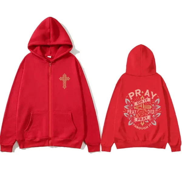Pray on It Pray Over It T Pray Through It Christian Jesus Sweat à capuche avec fermeture éclair pour hommes et femmes, mode Vintage surdimensionné, veste zippée – Image 4