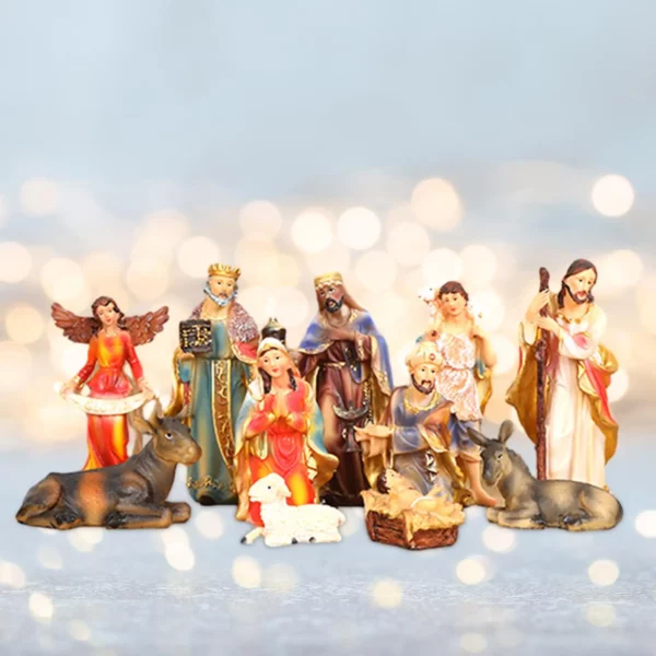 Ensemble de scène de la Nativité avec cheval, statue de la Nativité de Jésus, groupe de crèche, naissance de Jésus pour étagère, bureau, chapelle, cadeau de bureau, 11 pièces – Image 2