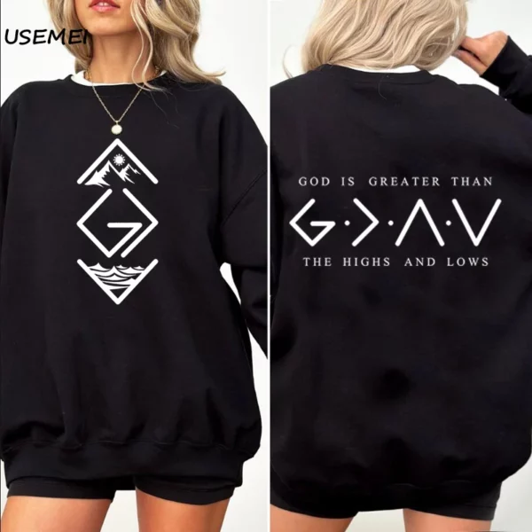Sweat-shirt à col rond Dieu est plus grand STORThe Highs and Low, sweat à capuche chrétien, foi religieuse, Bible, Jésus, amoureux de Dieu, vêtements – Image 3