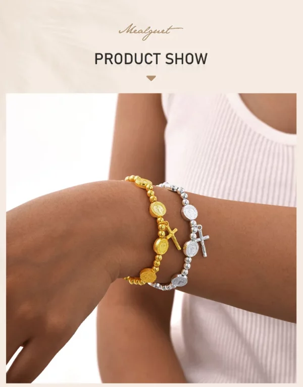 Bracelets de perles de coss catholiques pour femmes, bijoux religieux de carte ronde de Jésus – Image 9