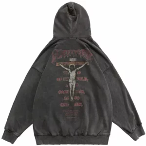 Sweat-Shirt à Capuche en Coton pour Homme, Streetwear Rétro, Hip Hop, Lettre de Jésus Graphique, Noir Délavé, Pull Harajuku, 2024