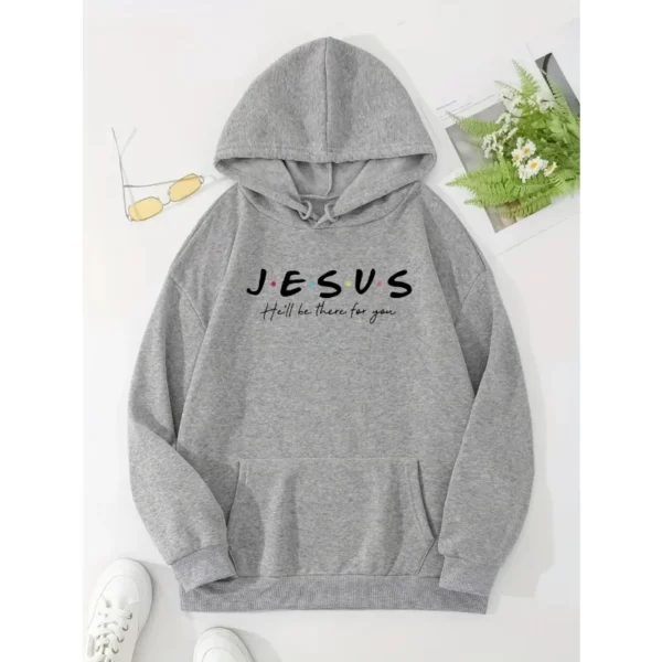 Sweat à capuche imprimé jésus, sweat-shirt décontracté avec poche kangourou avec cordon de serrage pour le printemps et l'automne, vêtements pour femmes, loisirs quotidiens amples – Image 12