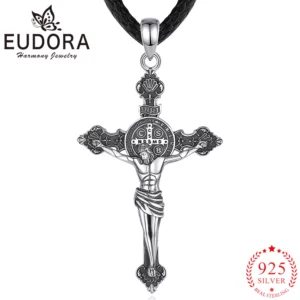 Eudora-Collier de Jésus en argent regardé 925, croix de Saint Benoît, pendentif amulette vintage, cadeau de bijoux religieux pour hommes et femmes