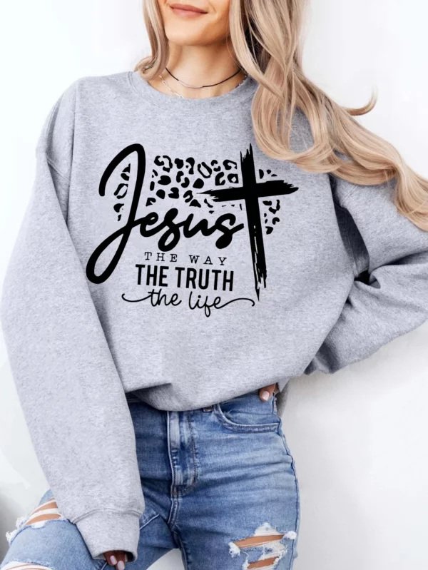 Sweat-shirt délavé à col rond pour femme, imprimé lettre Jesus The Way The Truth The Life, vêtements décontractés pour l'hiver et l'automne – Image 12