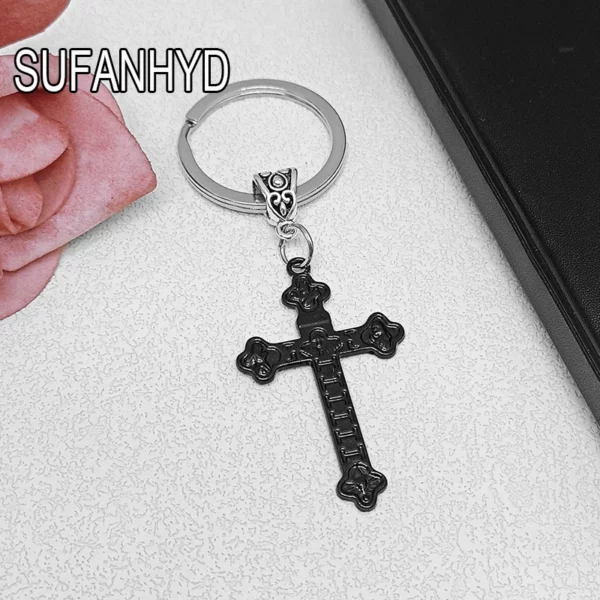 Porte-clés croix gothique en argent pour hommes et femmes, porte-clés fleur rose vintage, cadeau punk, EquiHouse – Image 3