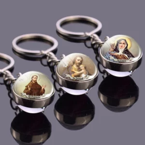 Porte-clés religieux double face Saint François, boule de verre catholique, pendentif porte-clés, bijoux porte-clés, Jésus, cadeaux chrétiens
