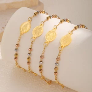 Bracelet croix chapelet tricolore pour femmes, Bracelets de perles rondes benoît de couleur or en acier inoxydable, bijoux de christianisme