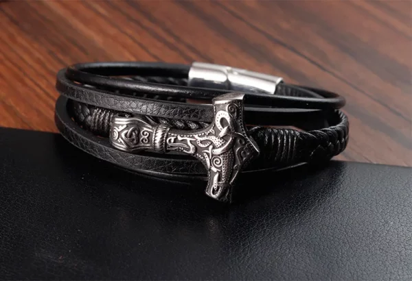 Bracelet Viking rétro en acier inoxydable pour hommes, tressé en cuir véritable, accessoire de beau cadeau à la mode, bijoux – Image 8
