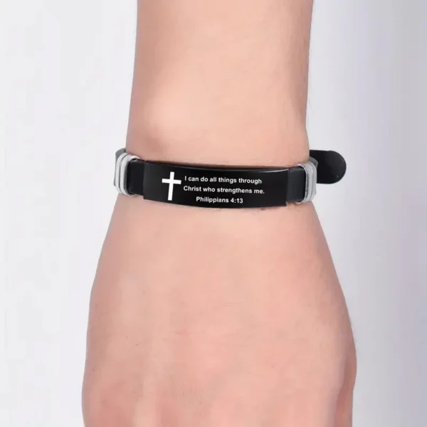 Bracelet verset de la Bible avec croix chrétienne, en acier inoxydable noir, Bracelets de foi inspirants pour hommes et femmes, bijoux – Image 7