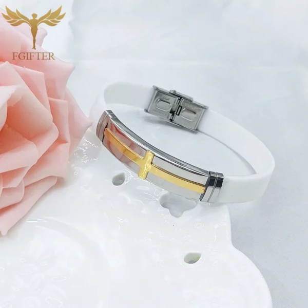 ChimJesus-Bracelets croix en acier inoxydable pour homme, bracelet en silicone, ceinture blanche, amulette religieuse chrétienne, accessoire de bijoux de fête – Image 2