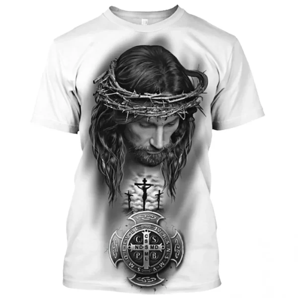 T-shirt à manches courtes à motif de Jésus-Christ pour hommes, décontracté, col rond, imprimé catholicisme, séchage rapide, été – Image 3