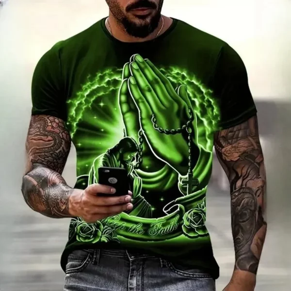Christianisme prier T-shirt mode 3D jésus impression T-shirt pour hommes décontracté col rond surdimensionné à manches courtes haut été Vintage vêtements – Image 5