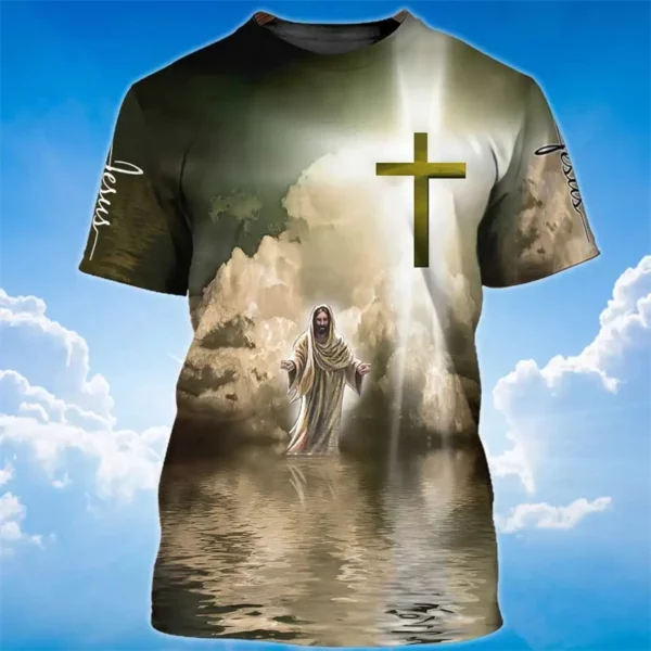 Mode 3D jésus croix impression t-shirt pour hommes christianisme dieu graphique surdimensionné T-shirts quotidien décontracté col rond à manches courtes hauts – Image 13