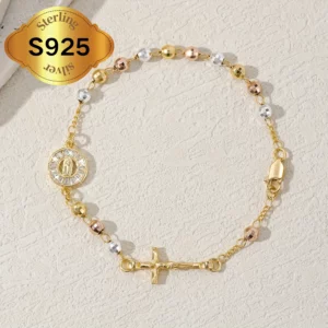 S925 argent hypoallergénique trois couleurs or véritable galvanoplastie gravé vierge marie croix jésus pur bracelet chapelet fait main