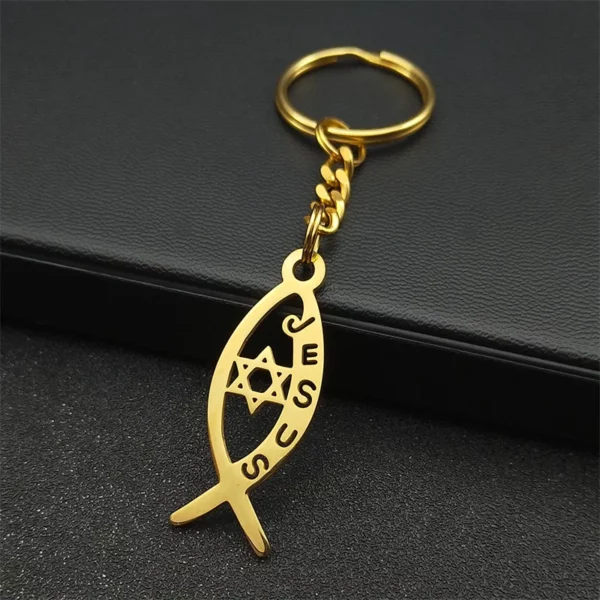 Ichthile-Clé Creuse en Acier Inoxydable pour Homme et Femme, Bijoux en Forme de Poisson de Jésus, Hexagramme Étoile de FC, K3535S02 – Image 3