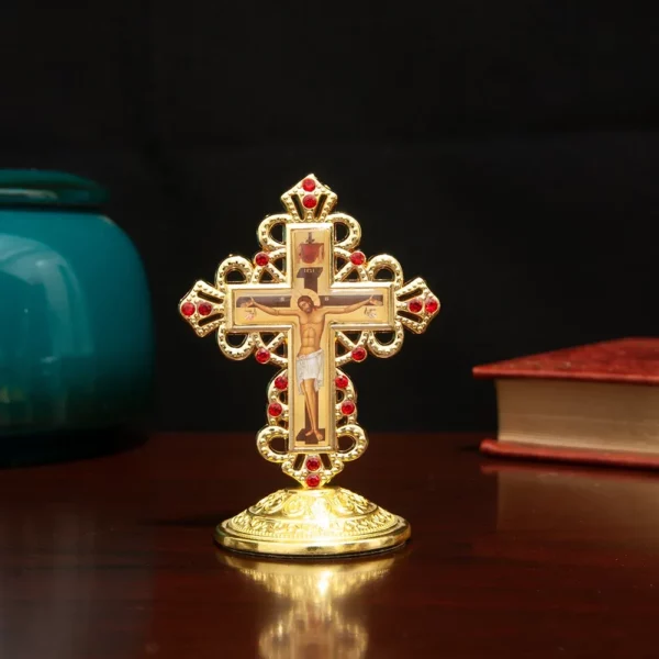 Croix orthodoxe Croix de Jésus à trois barres plaquée or 3,5 pouces Décor d'église Cadeau religieux Symbole spirituel Croix orthodoxe
