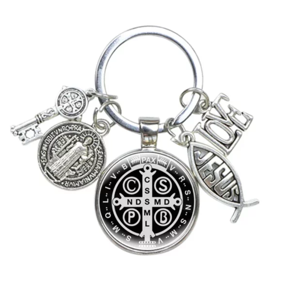 Porte-Clés Médaillon Saint Benoît, J'aime Jésus, Artisanat, Breloques en Verre Bombé, Catholique, San Benito, Bijoux Religieux – Image 7