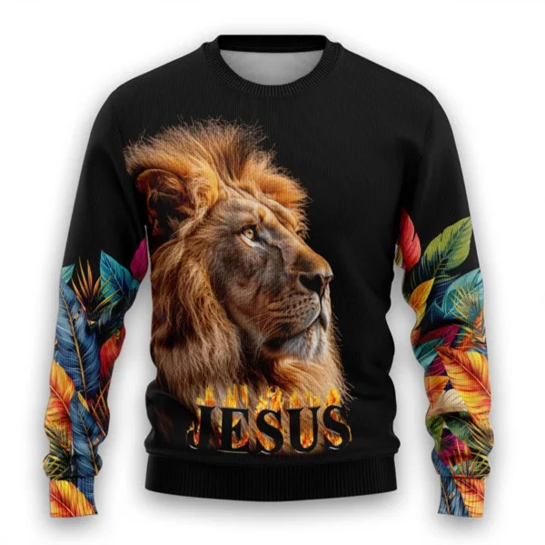 Sweat-shirt graphique Lion chrétien dieu jésus laid pull de noël pour femmes vêtements décontracté croix à manches longues homme pulls – Image 2