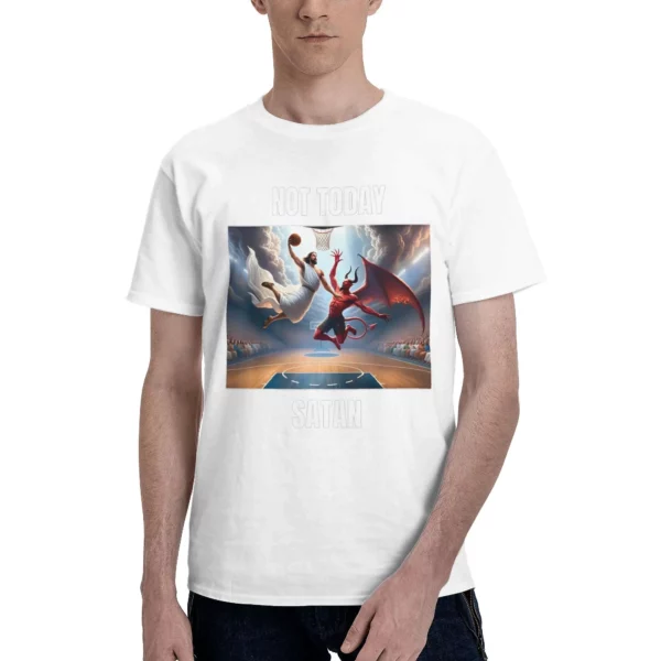 Pas aujourd'hui Satan T-Shirts pour hommes jésus vs Satan jouant au basket-ball col rond 100% coton à manches courtes T-Shirts vêtements d'été – Image 14