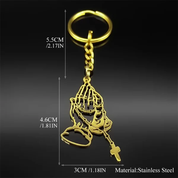 Jésus prière main chapelet perle croix porte-clés pour femmes hommes en acier inoxydable couleur or porte-clés suspendus accessoires bijoux – Image 6
