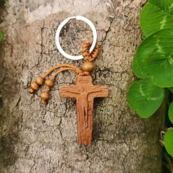 Porte-clés croix de Jésus en bois, décoration de sac, breloque de voiture, support prédire, pendentif fait main, cadeau religieux chrétien – Image 3