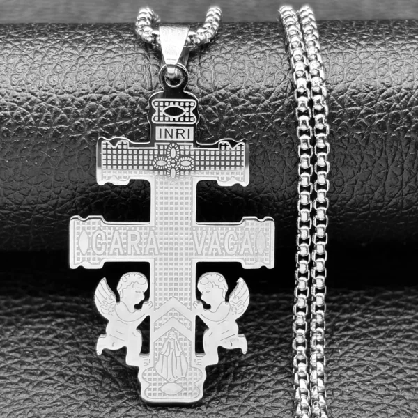 Hip Hop catholique Caravaca croix Crucifix pendentif collier pour femmes hommes en acier inoxydable ange INRI vierge marie chaîne bijoux – Image 9