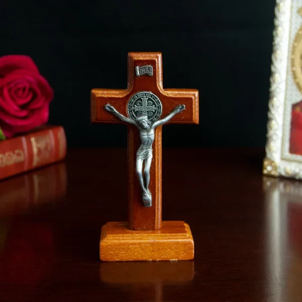 Croix catholique en bois avec base, prière pour votre famille et votre maison, statue souvenir religieux portable de Jésus sur base – Image 7