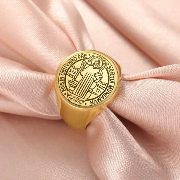 Jeshayuan-Bague pendentif Saint Benoît de Nursie pour femme et homme, bague ronde en acier inoxydable, amulette du catholicisme, cadeau bijoux – Image 16