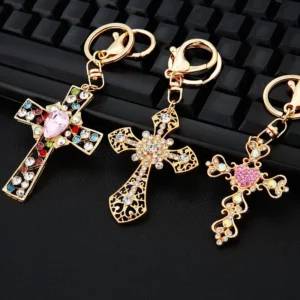 Porte-clés croix en cristal avec biscuits pour hommes et femmes, porte-clés chrétien et catholique, porte-clés de sac, porte-clés de Jésus, bijoux