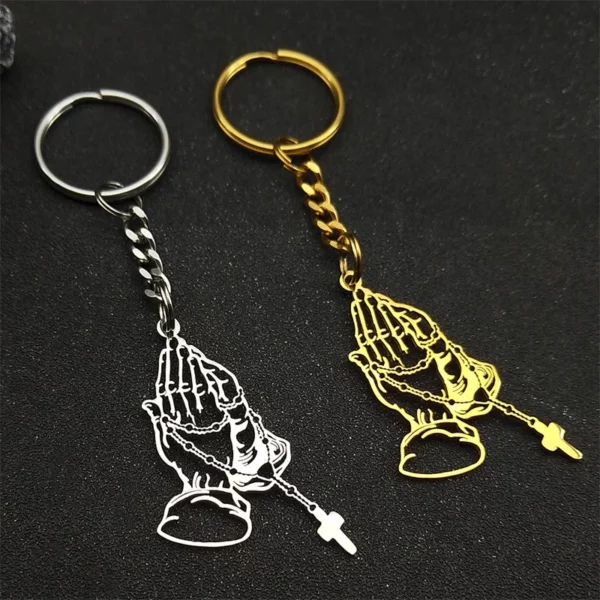 Jésus prière main chapelet perle croix porte-clés pour femmes hommes en acier inoxydable couleur or porte-clés suspendus accessoires bijoux – Image 5